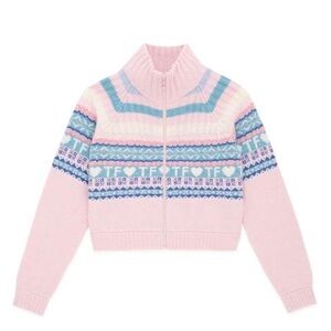 Teddy Fresh Merino Wool Blend Pink Fairisle‎ Full Zip Knit Cardigan Sweater XL